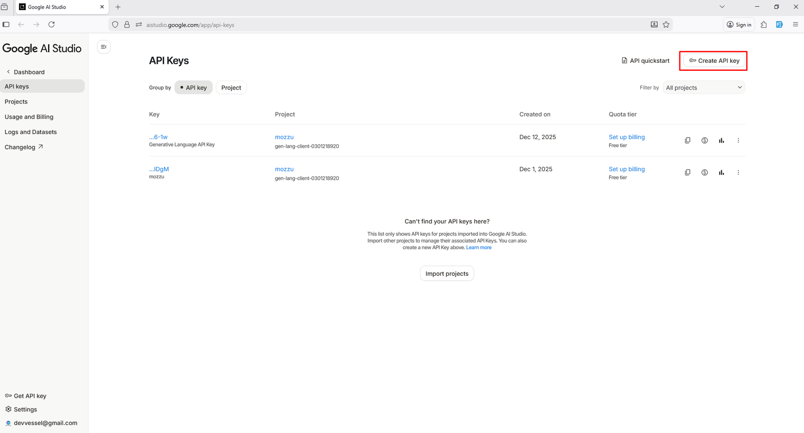 Google AI Studio API keys page with Create API key button