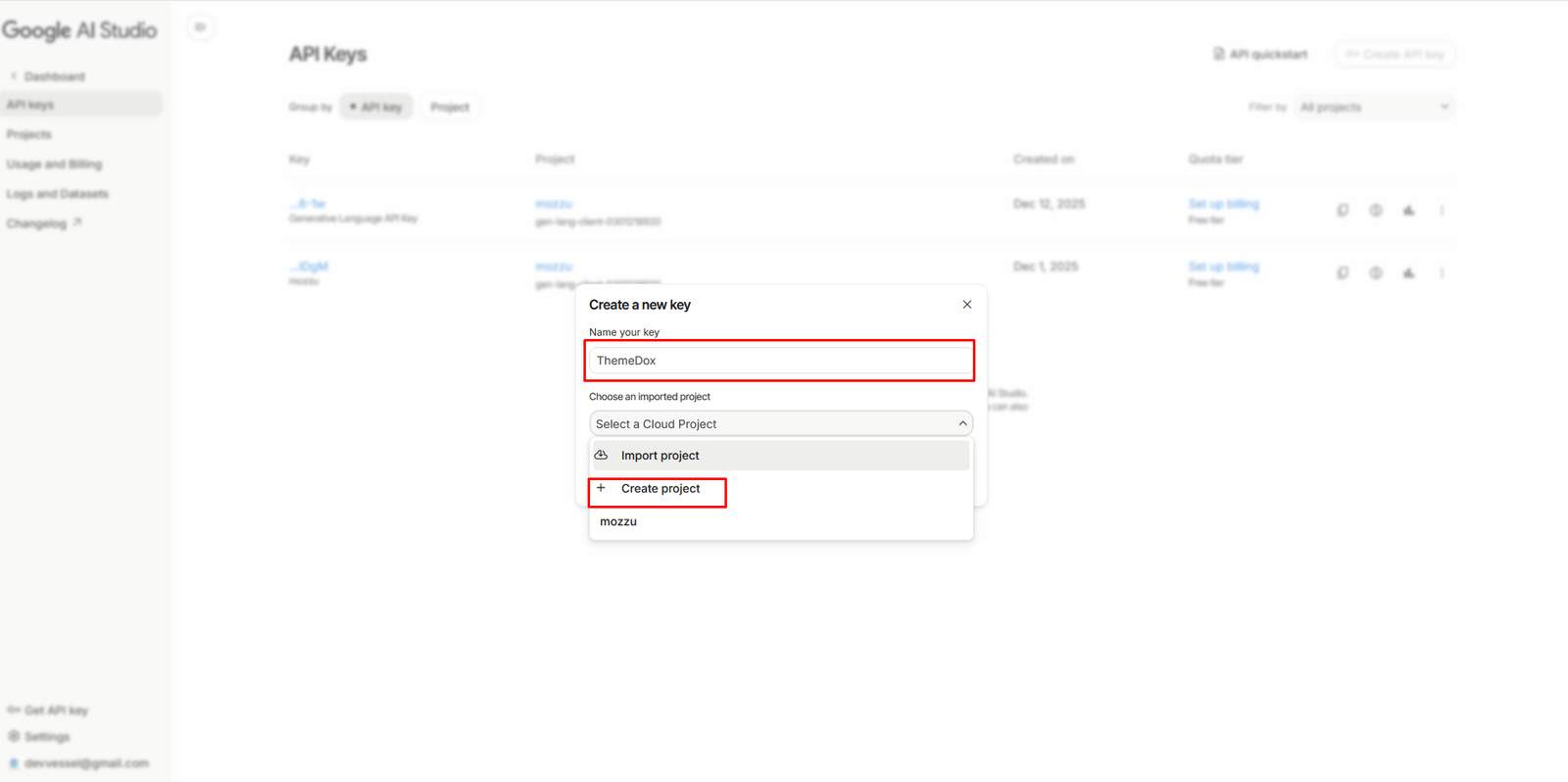 Create API key popup with key name and project selection