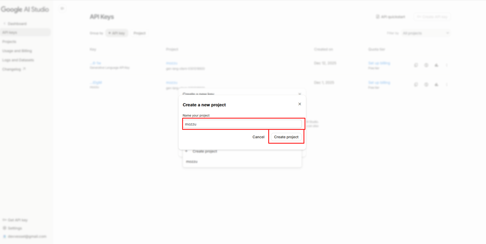 Create new project popup in Google AI Studio
