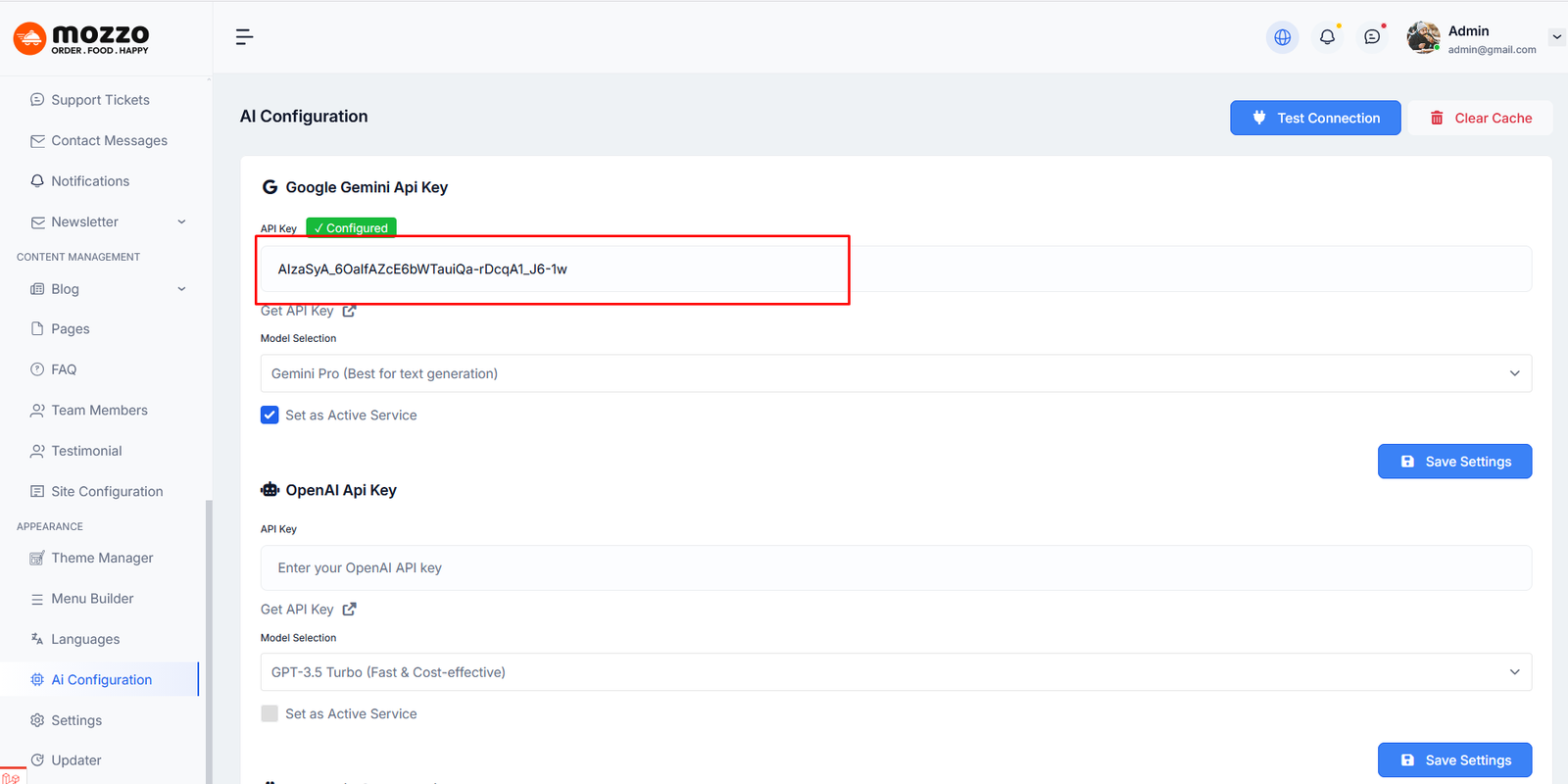 Test Gemini API connection and save settings
