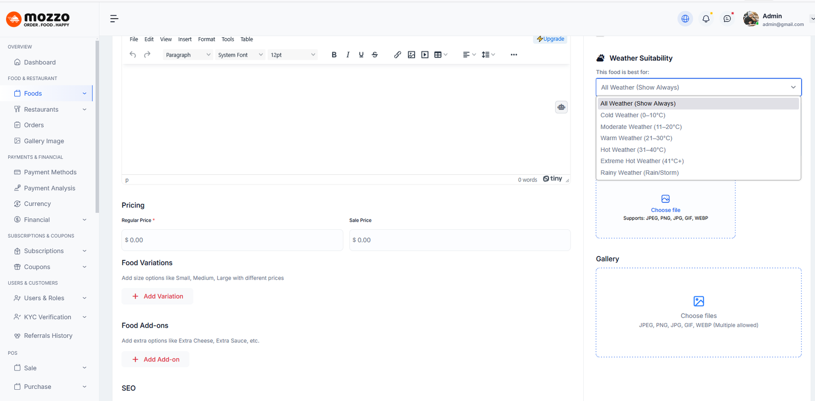 Select weather suitability for food