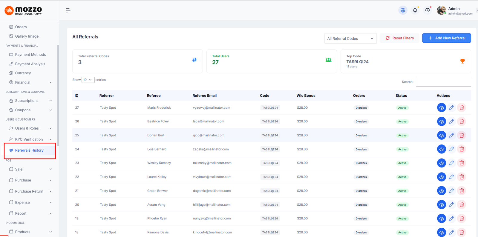 Admin referral history dashboard