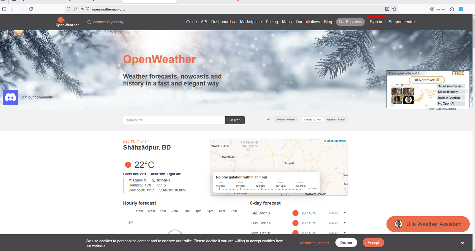 OpenWeather homepage with Sign in button highlighted
