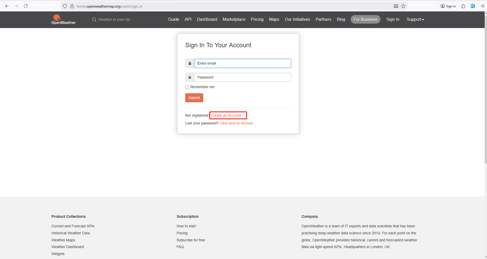 OpenWeather sign in page with Create an Account link