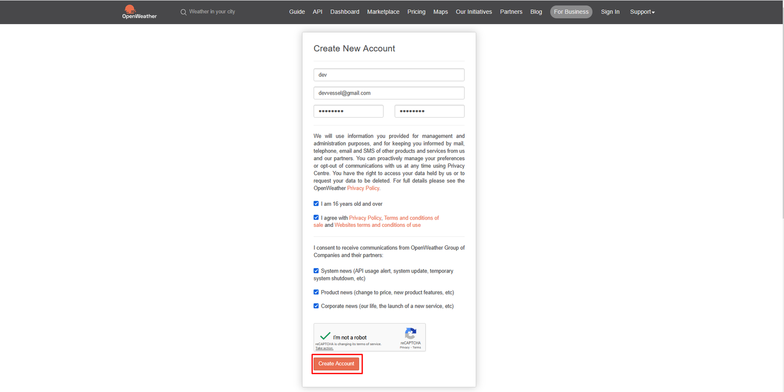 Create new OpenWeather account form