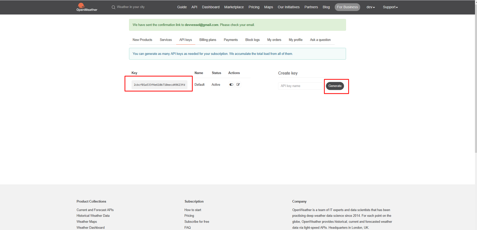 OpenWeather user dashboard