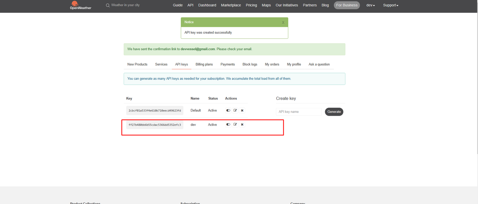 OpenWeather API keys section