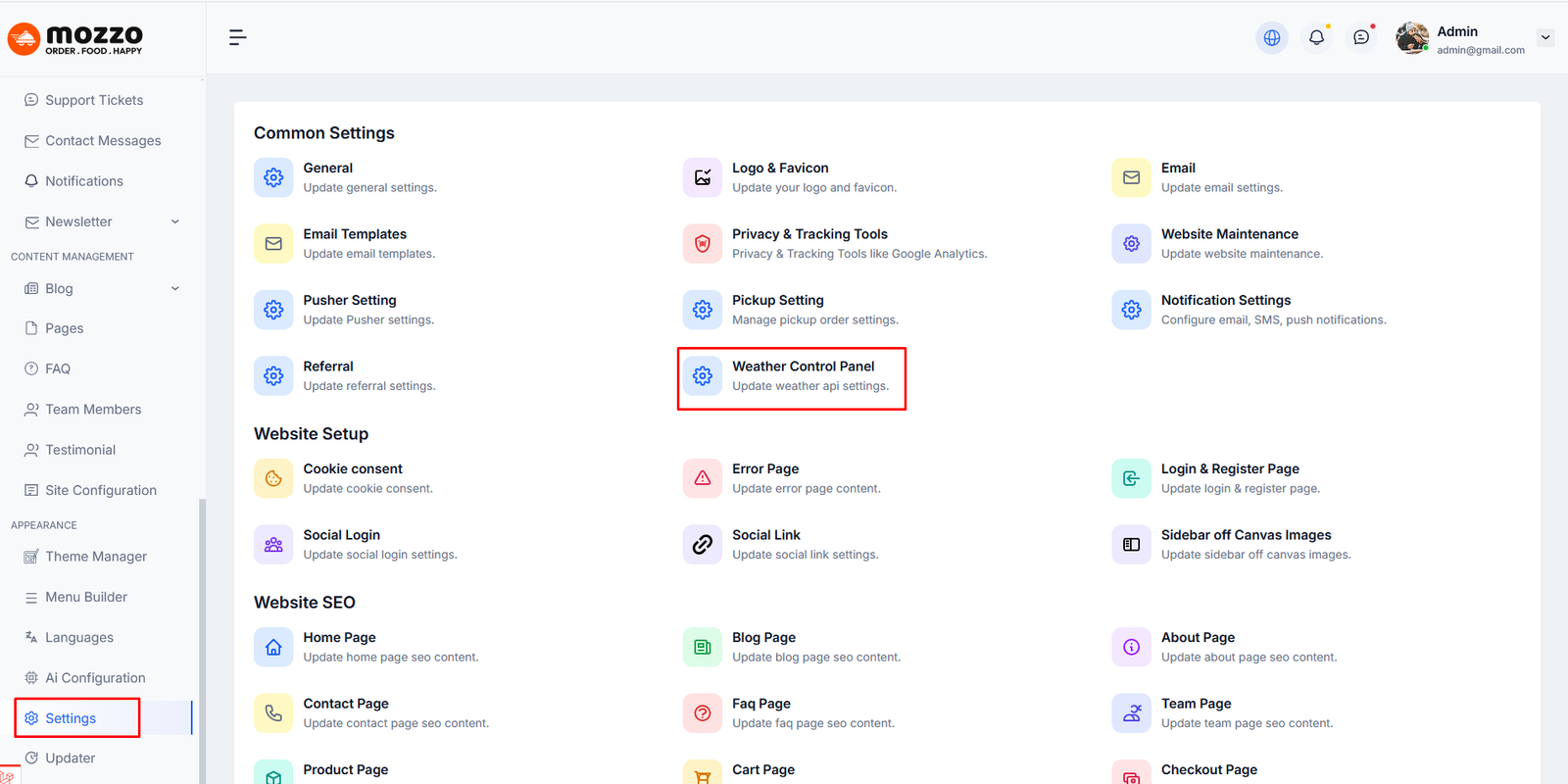 Weather Control Panel option in admin settings
