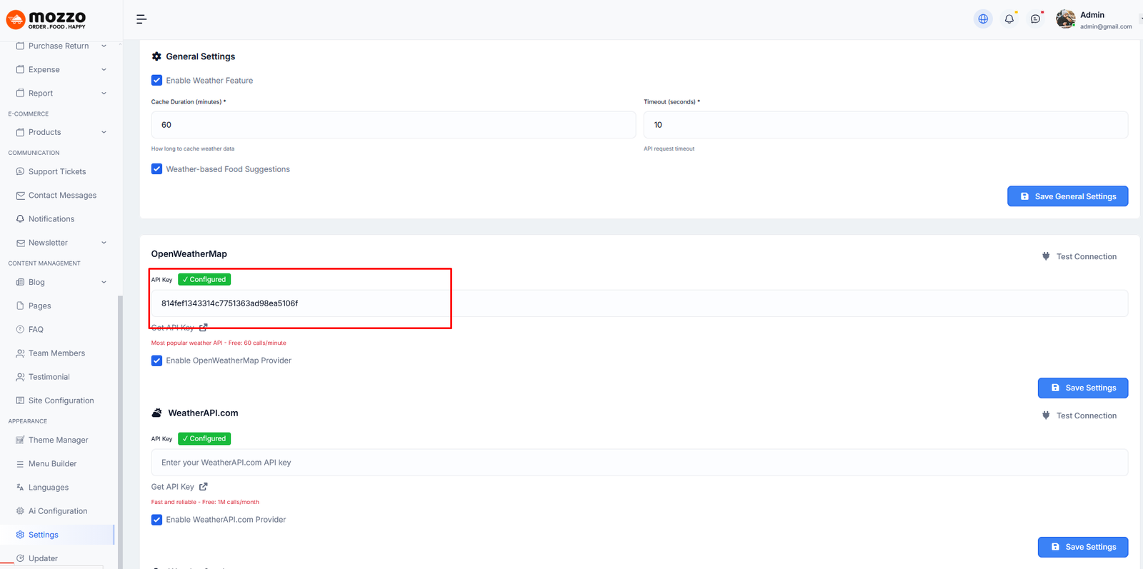 OpenWeather API key configured in Weather Control Panel