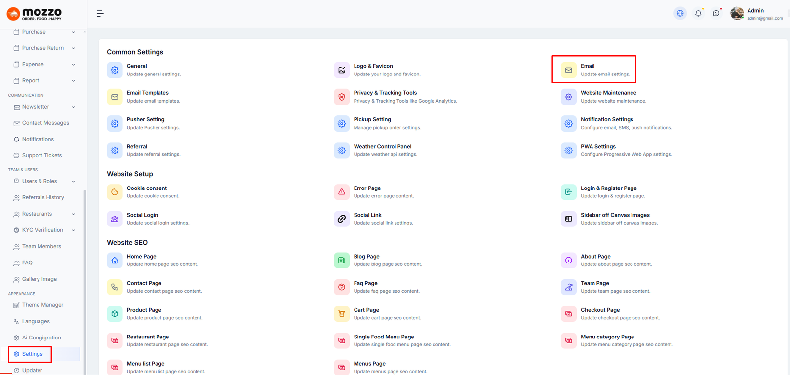 Email settings overview page