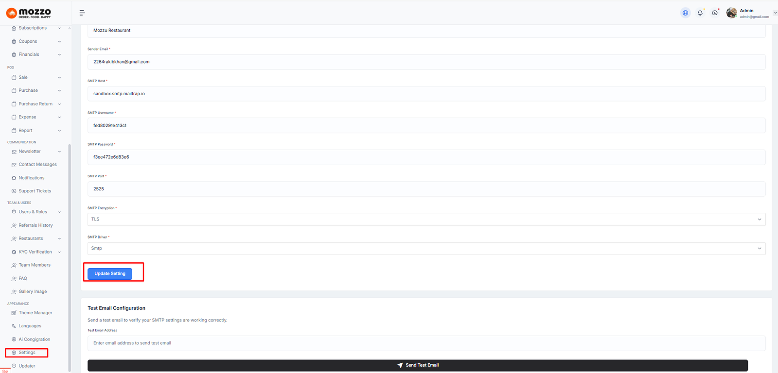 Email settings configuration form