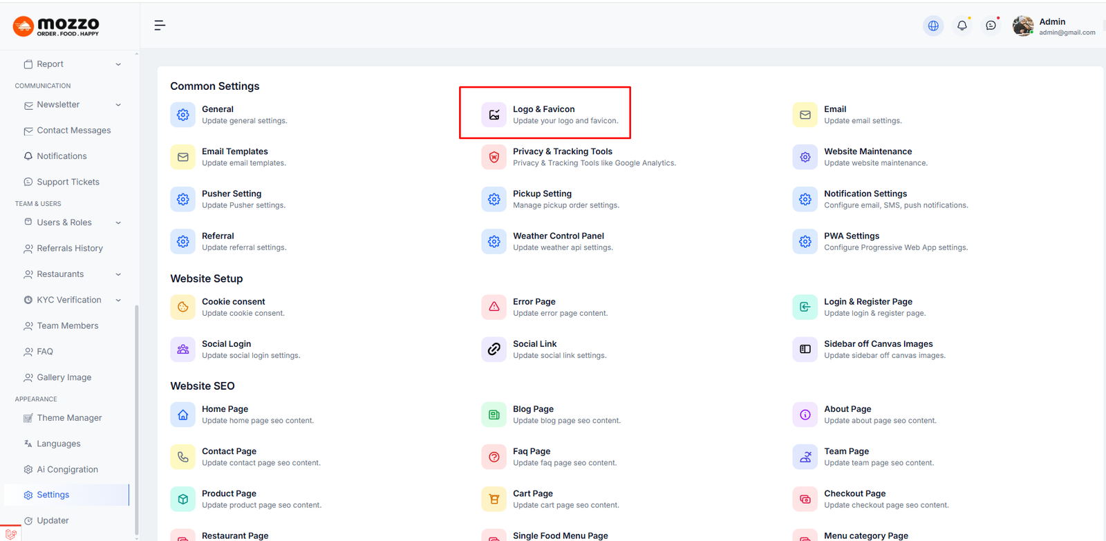 Logo and Favicon settings page