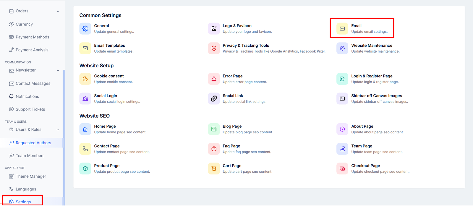 Email settings overview page