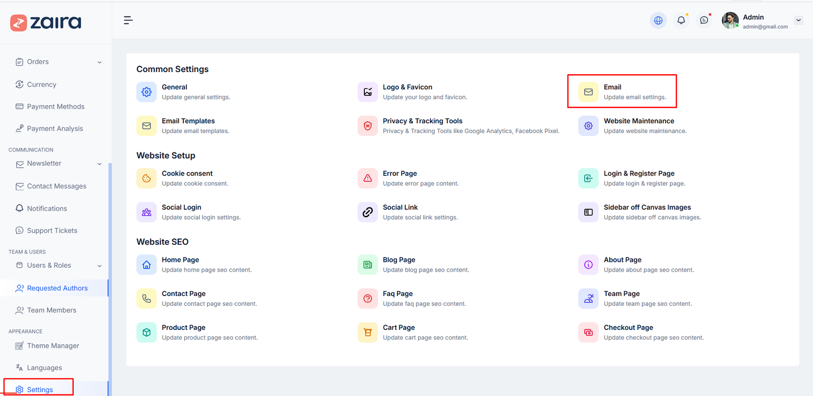 Email settings overview page