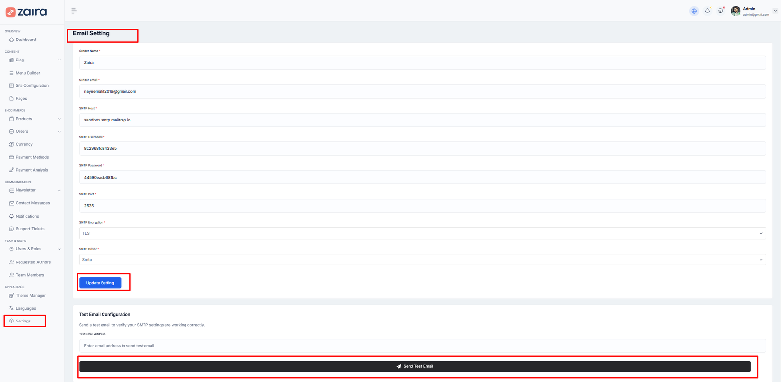 Email settings configuration form